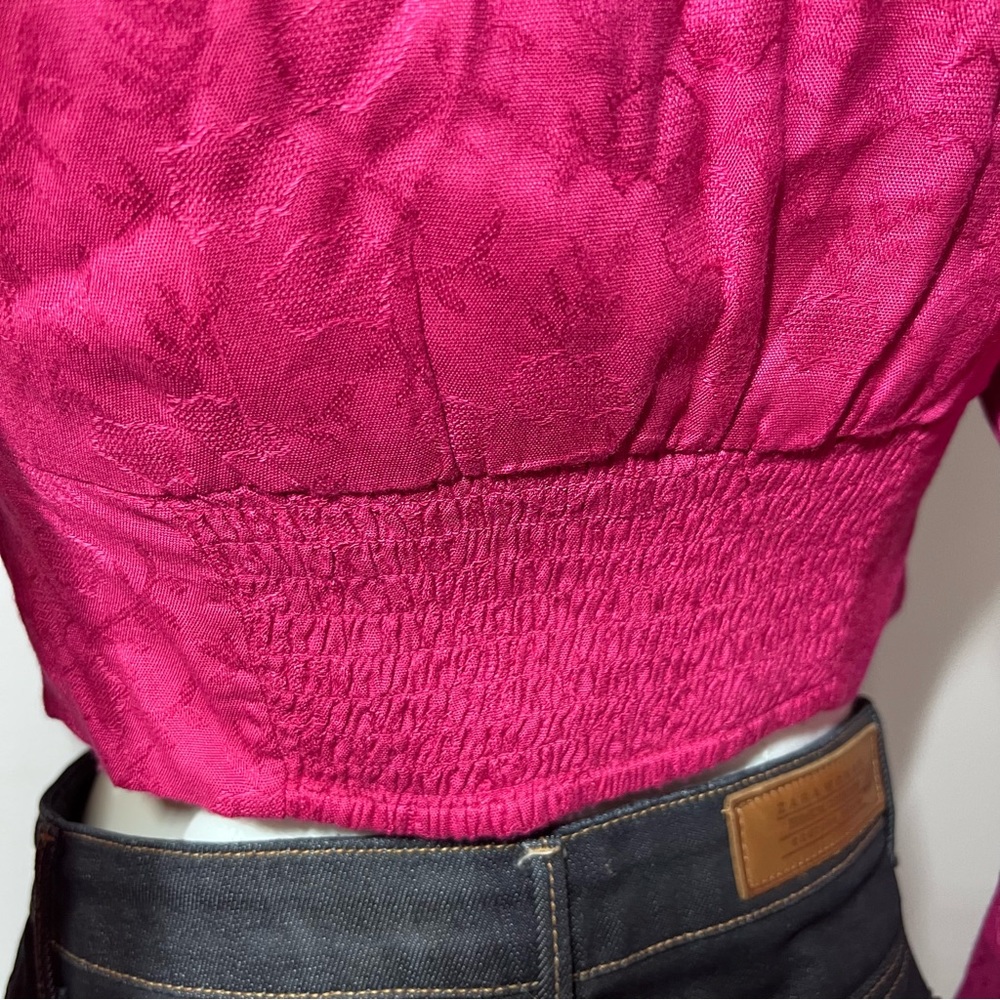 Anthropologie Rahi Rahi square Neck Puffy Sleeve Brocade Crop Top Pink small AB - Picture 6 of 11